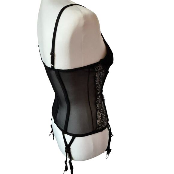 FREDERICKS OF HOLLYWOOD Small Black Lace Demi Cup Sheer Corset Top Garter Clips - Picture 5 of 10